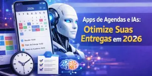 Smartphone futurista com robô e gráficos de IA em 2026