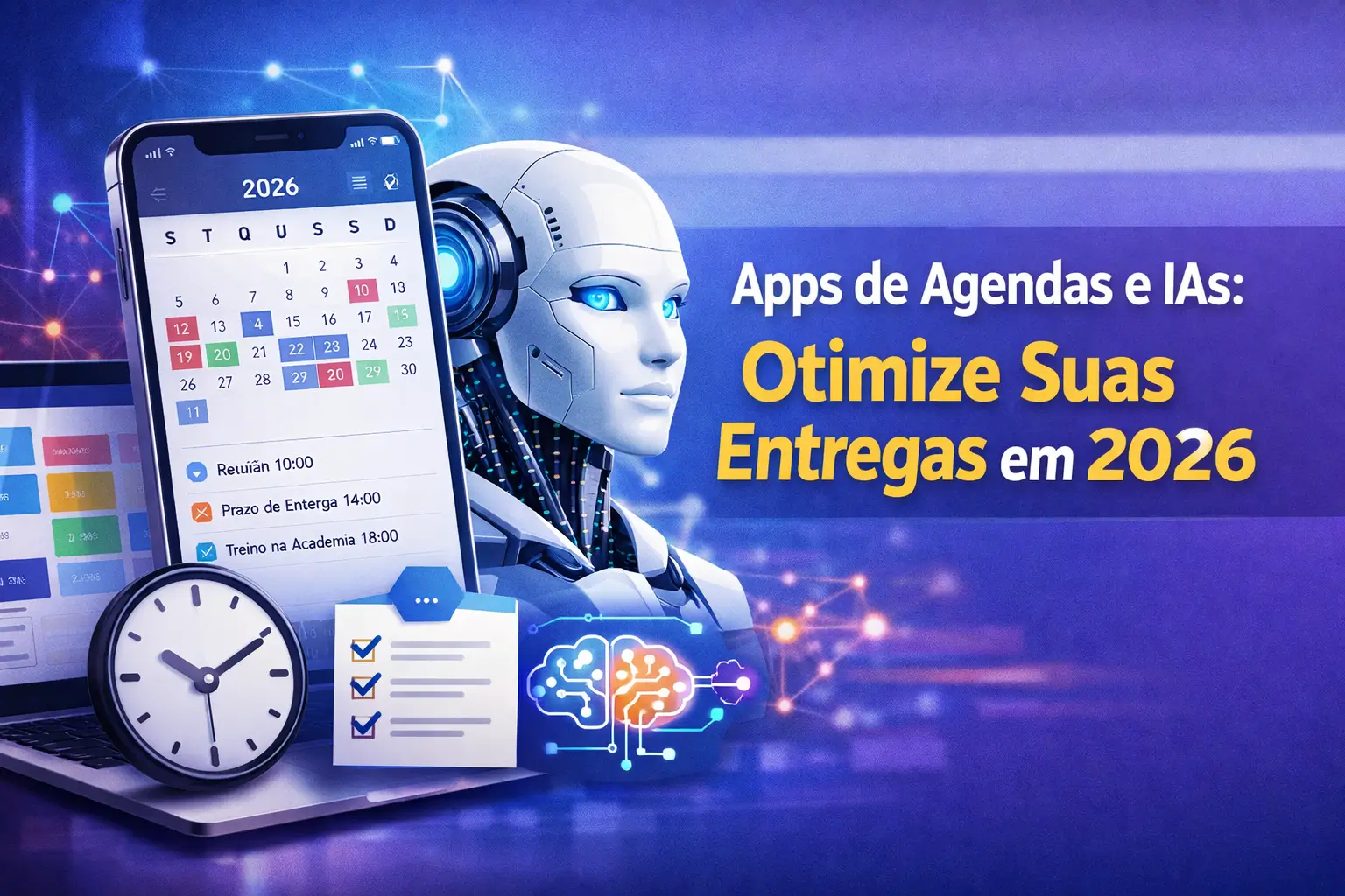 Smartphone futurista com robô e gráficos de IA em 2026