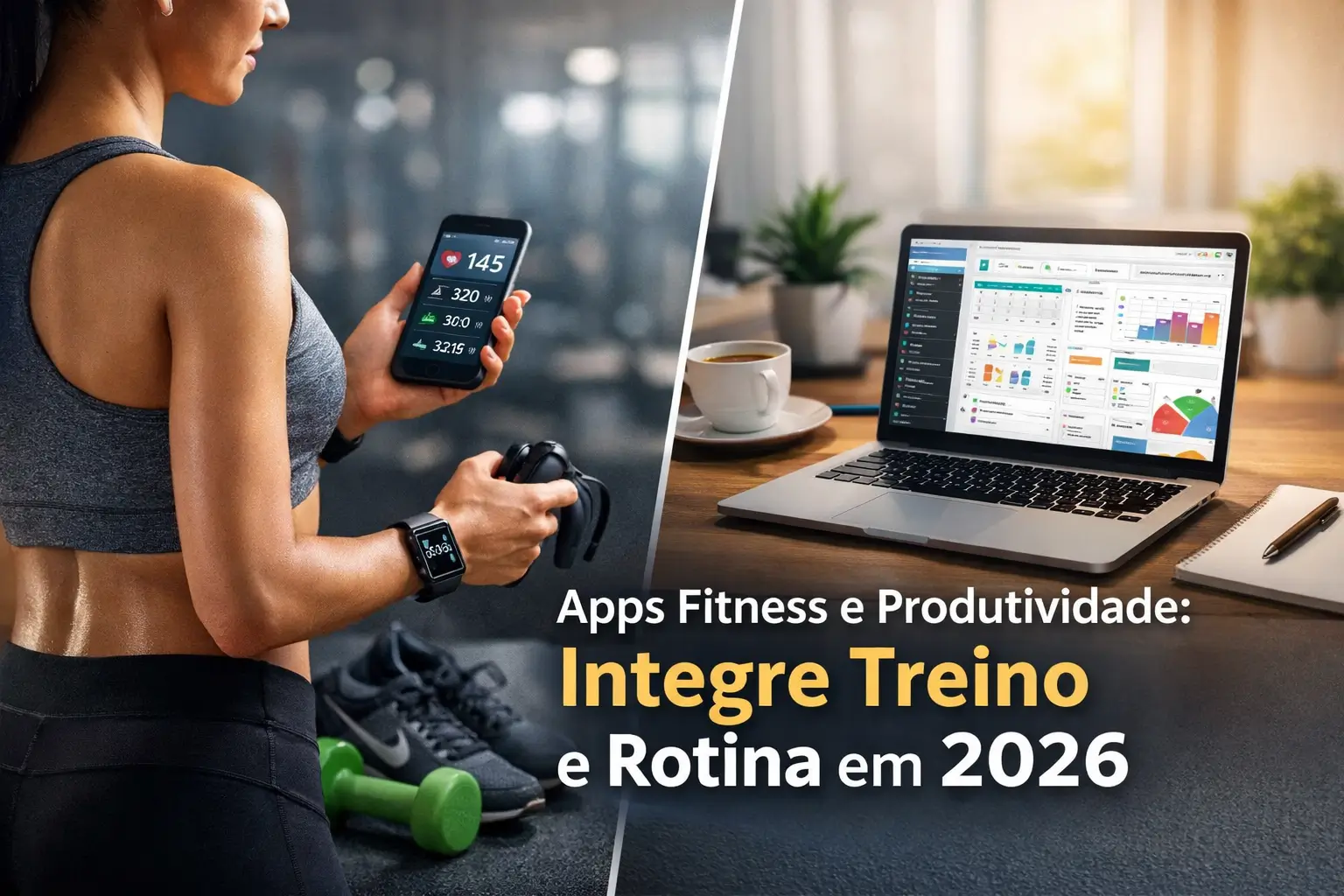 Pessoa fit e laptop com gráficos financeiros para 2026