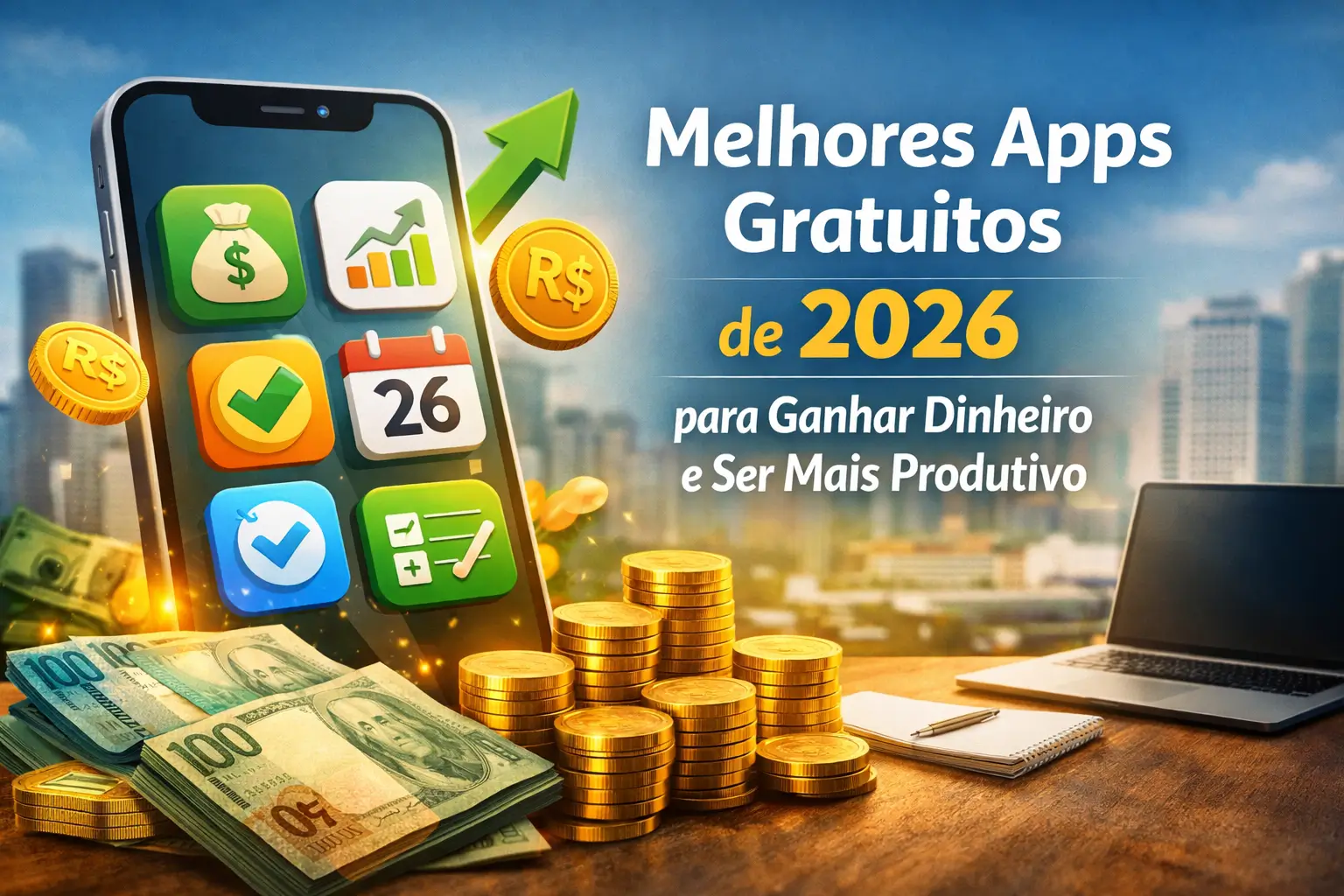Smartphone com apps de finanças cercado por moedas e notas em 2026