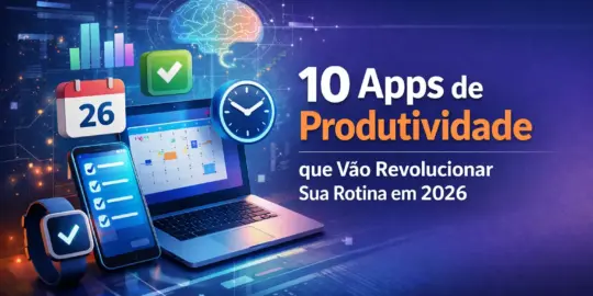 Apps de produtividade em 2026 com laptop, smartphone, smartwatch