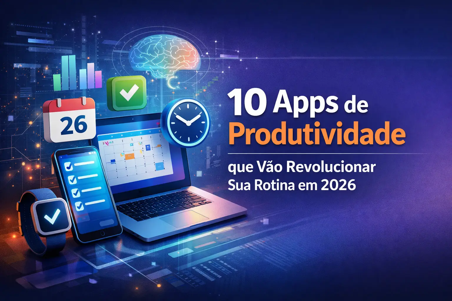 Apps de produtividade em 2026 com laptop, smartphone, smartwatch