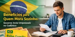 Homem revisa documentos financeiros com bandeira do Brasil