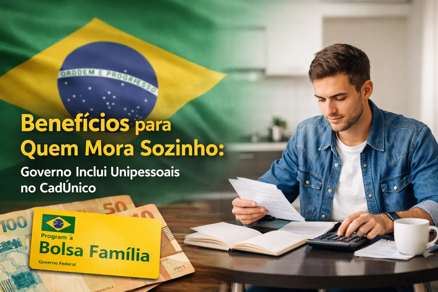 Homem revisa documentos financeiros com bandeira do Brasil