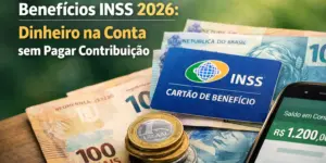 Benefícios INSS 2026: cartão azul e notas de reais brasileiras