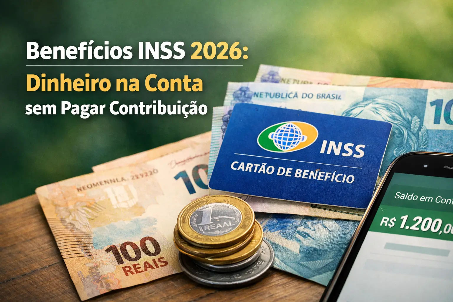 Benefícios INSS 2026: cartão azul e notas de reais brasileiras