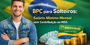 Homem sorrindo com bandeira do Brasil e notas de real.