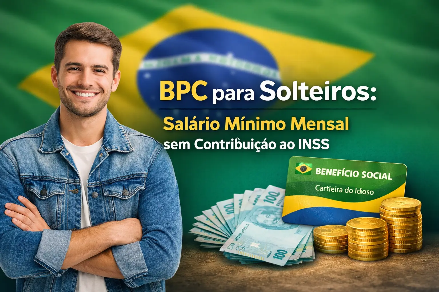 Homem sorrindo com bandeira do Brasil e notas de real.