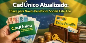 Mão com cartão CadÚnico e carteira com Bolsa Família e notas brasileiras