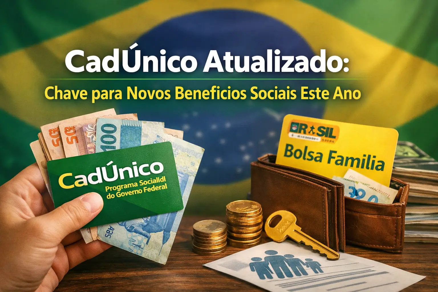 Mão com cartão CadÚnico e carteira com Bolsa Família e notas brasileiras