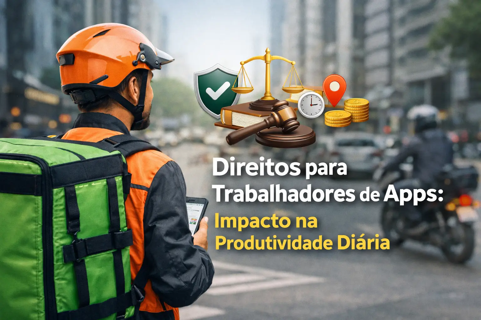 Trabalhador de aplicativo com mochila verde, capacete laranja e smartphone em cidade