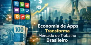 Smartphone e nota de 100 reais com ícones de apps e skyline