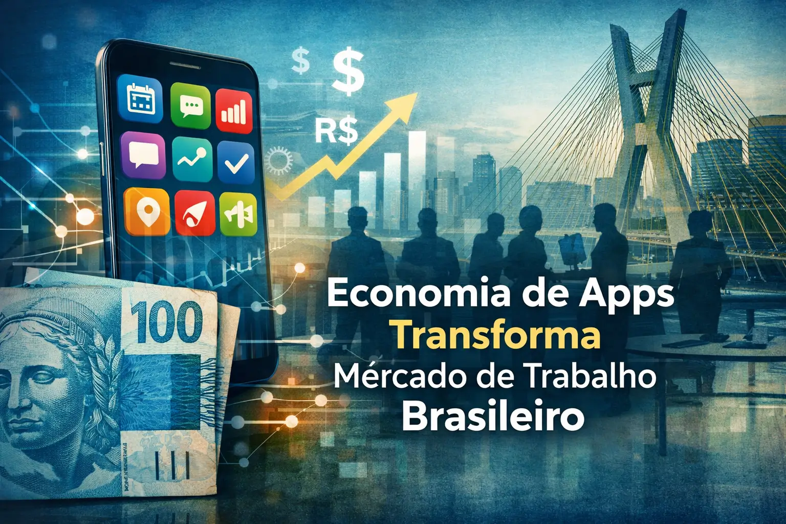 Smartphone e nota de 100 reais com ícones de apps e skyline