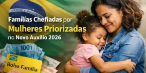 Mãe e filho brasileiros com bandeira e Bolsa Família