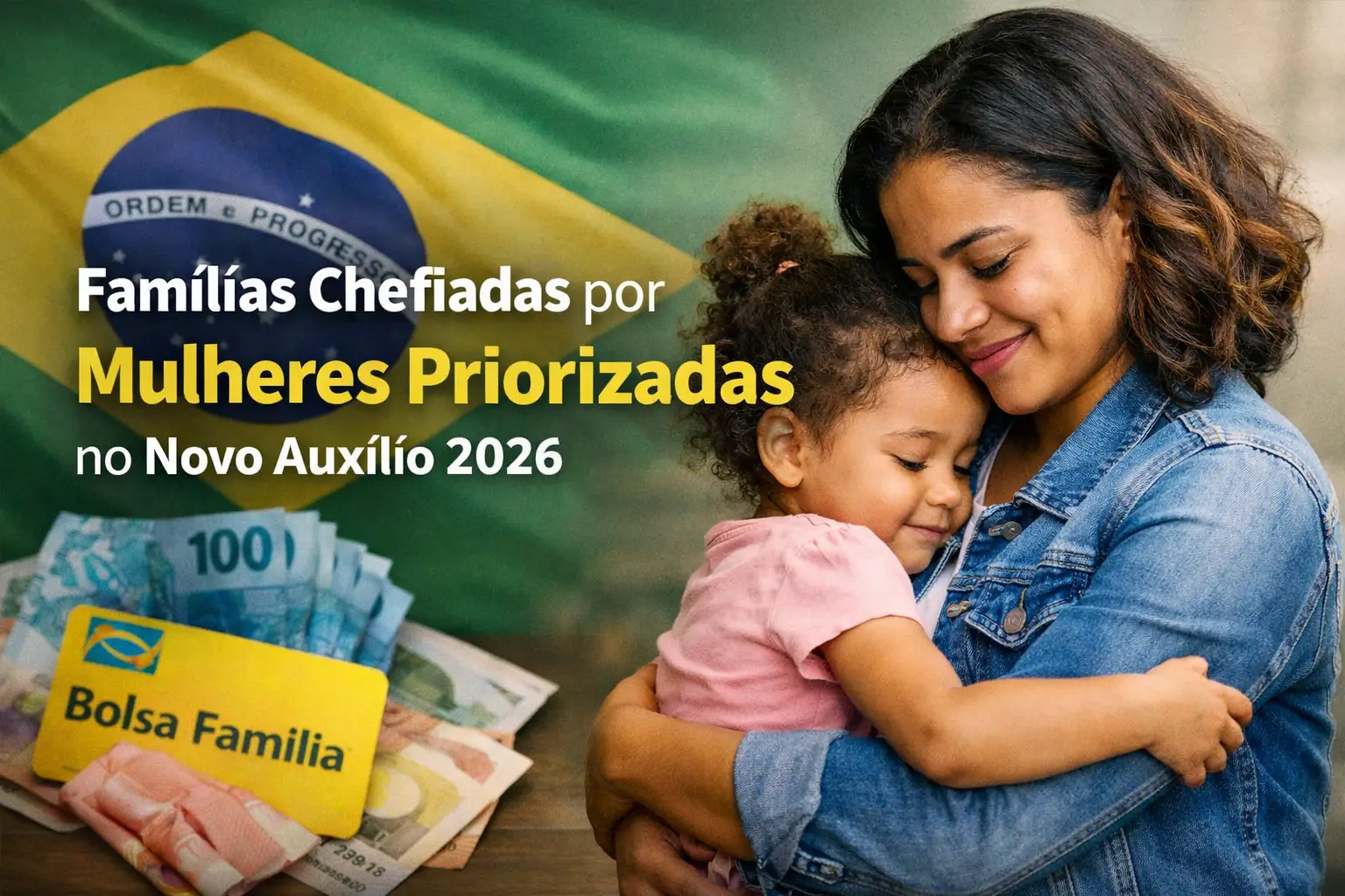Mãe e filho brasileiros com bandeira e Bolsa Família