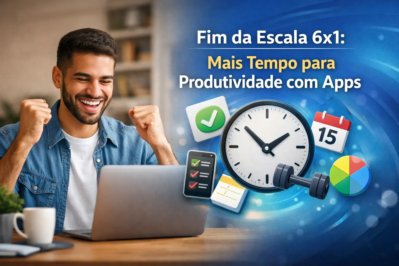 Jovem homem comemorando com laptop em mesa, produtividade alta