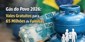 Cilindro de gás azul com notas de 100 reais e bandeira do Brasil desfocada