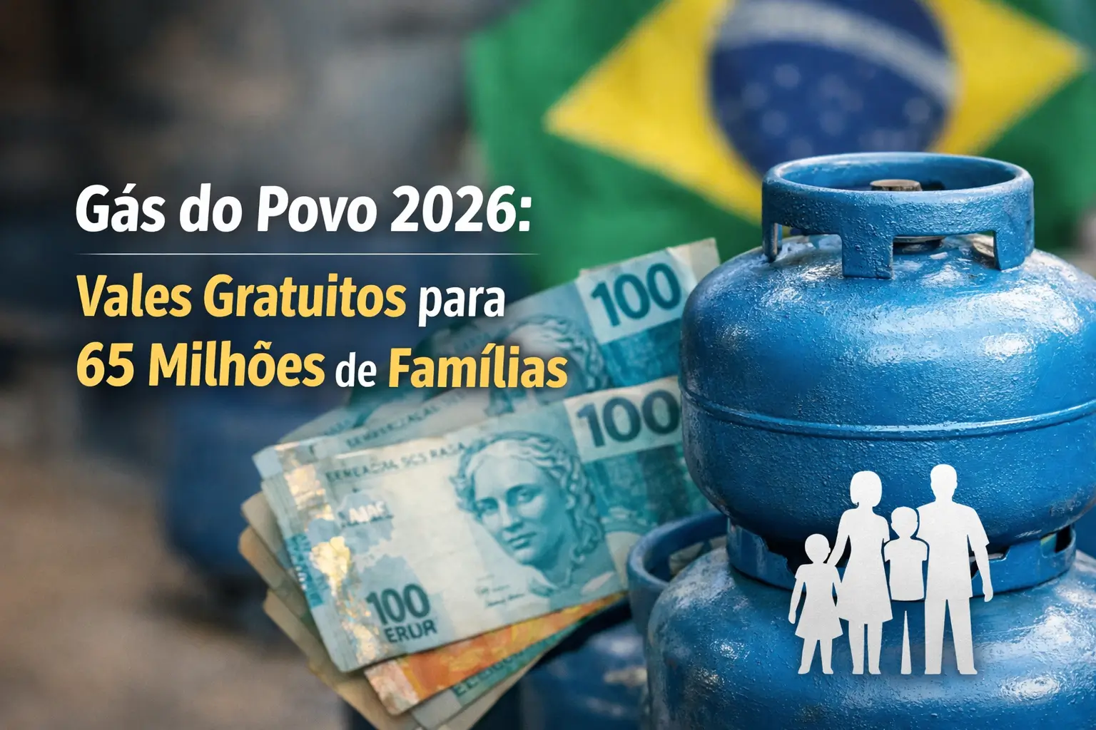 Cilindro de gás azul com notas de 100 reais e bandeira do Brasil desfocada