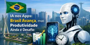 Cidade brasileira com robô futurista e smartphone em 2026