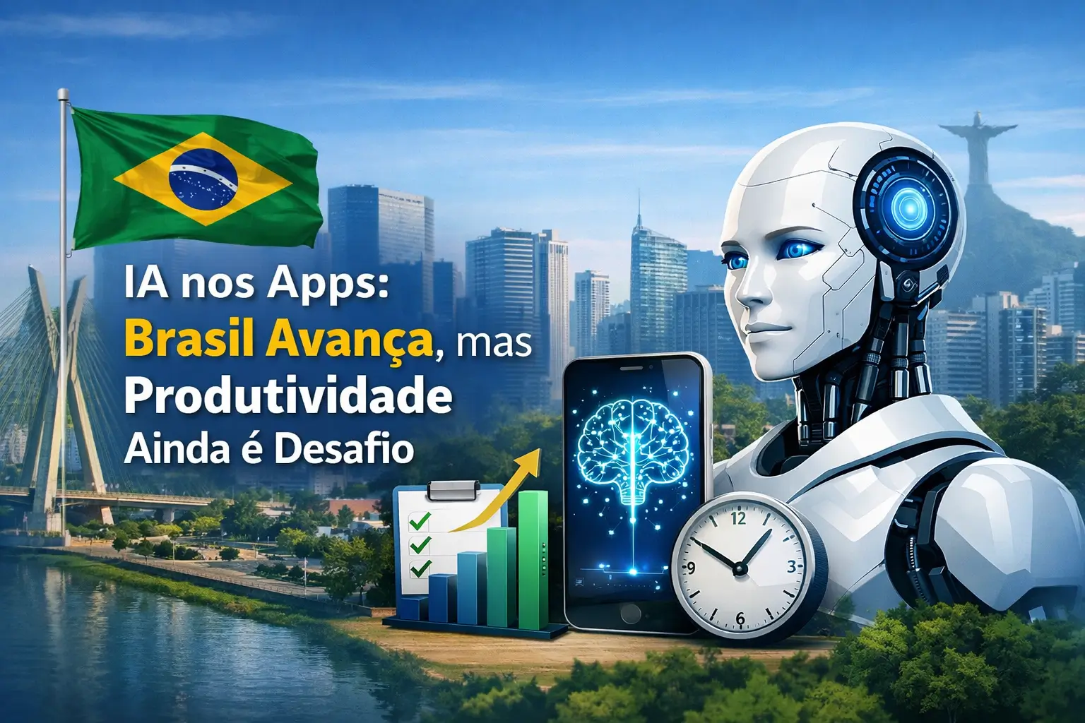 Cidade brasileira com robô futurista e smartphone em 2026