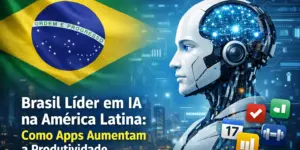 Robô com cérebro digital e bandeira do Brasil ao fundo