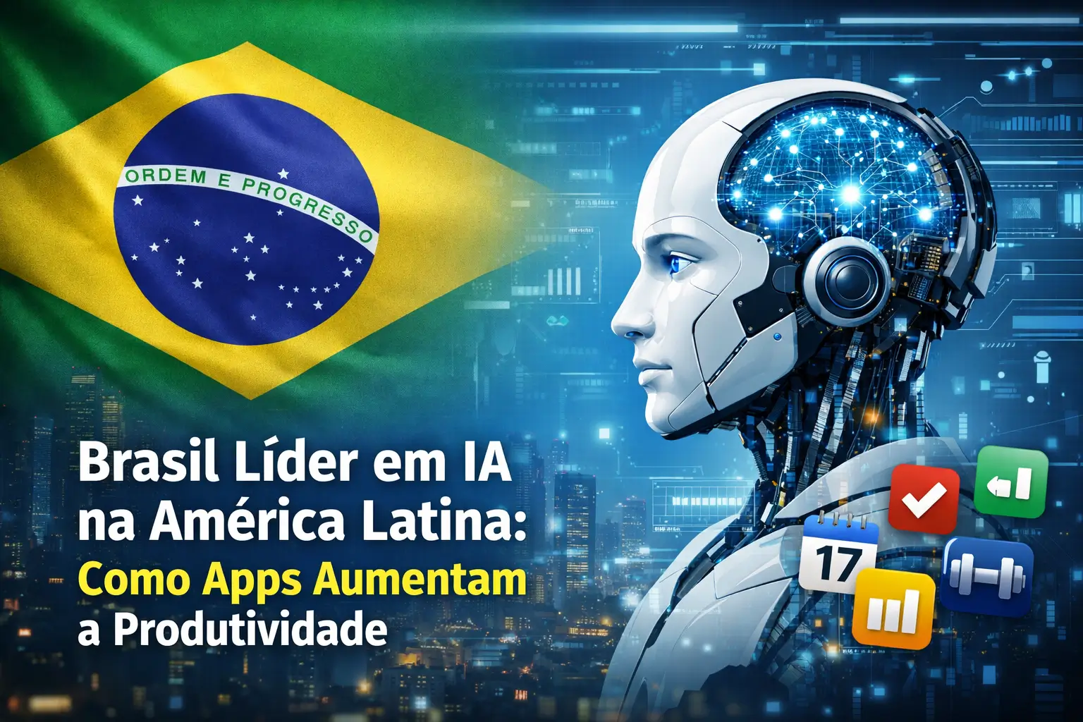 Robô com cérebro digital e bandeira do Brasil ao fundo