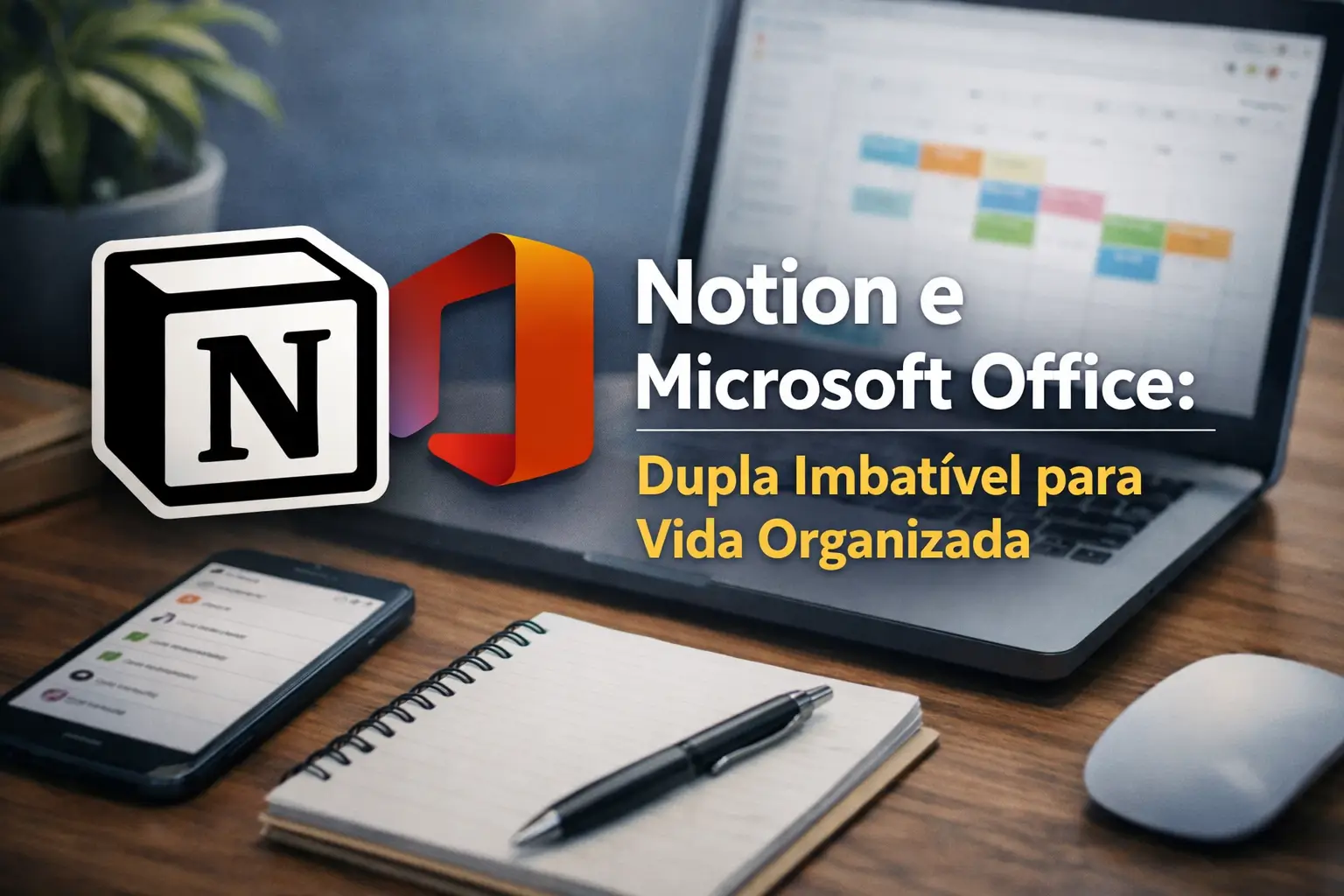 Superfície de trabalho com laptop, smartphone, Notion e Office