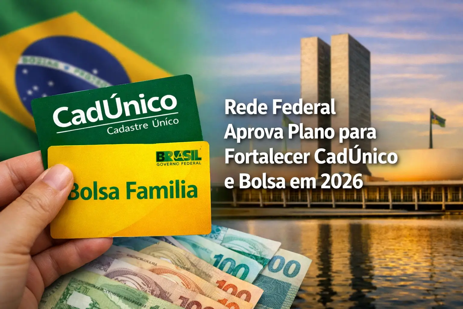 Cartões CadÚnico e Bolsa Família com notas brasileiras