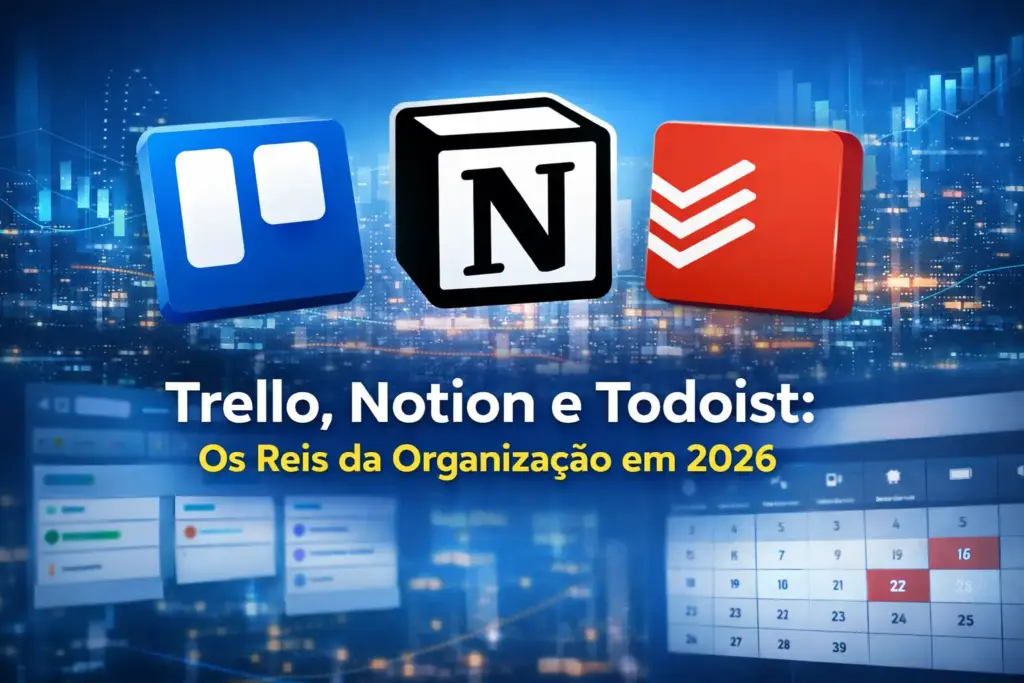 Logos do Trello, Notion e Todoist com cidade digital ao fundo