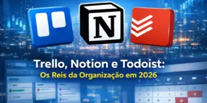 Logos do Trello, Notion e Todoist com cidade digital ao fundo